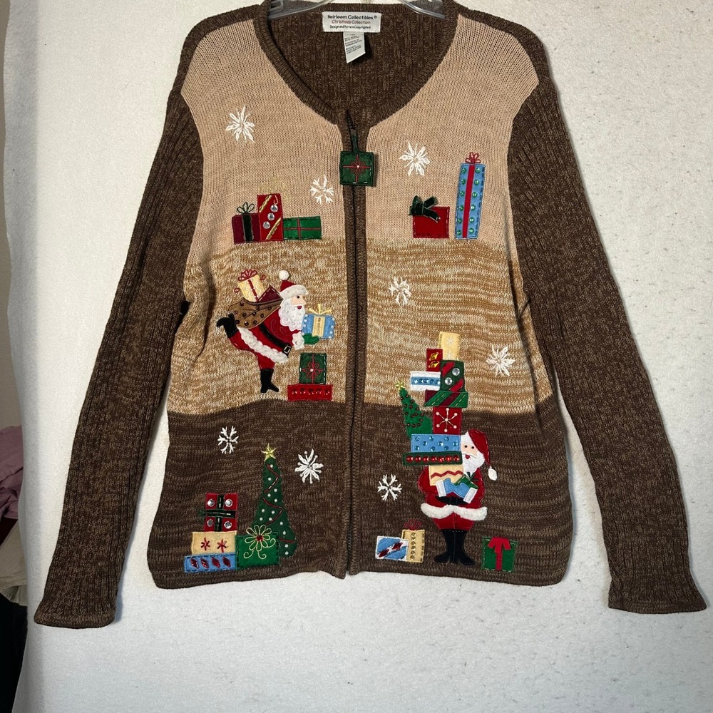 Heirloom Collectibles Christmas Santa Claus Zip Up Cardigan Sweater Brown XL